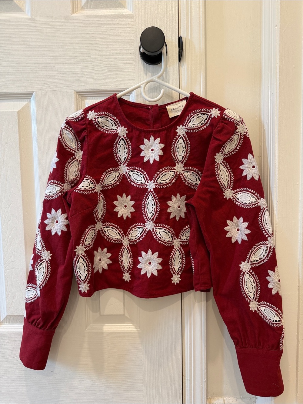 Sezane Red Embroidered Floral Long-Sleeve Blouse